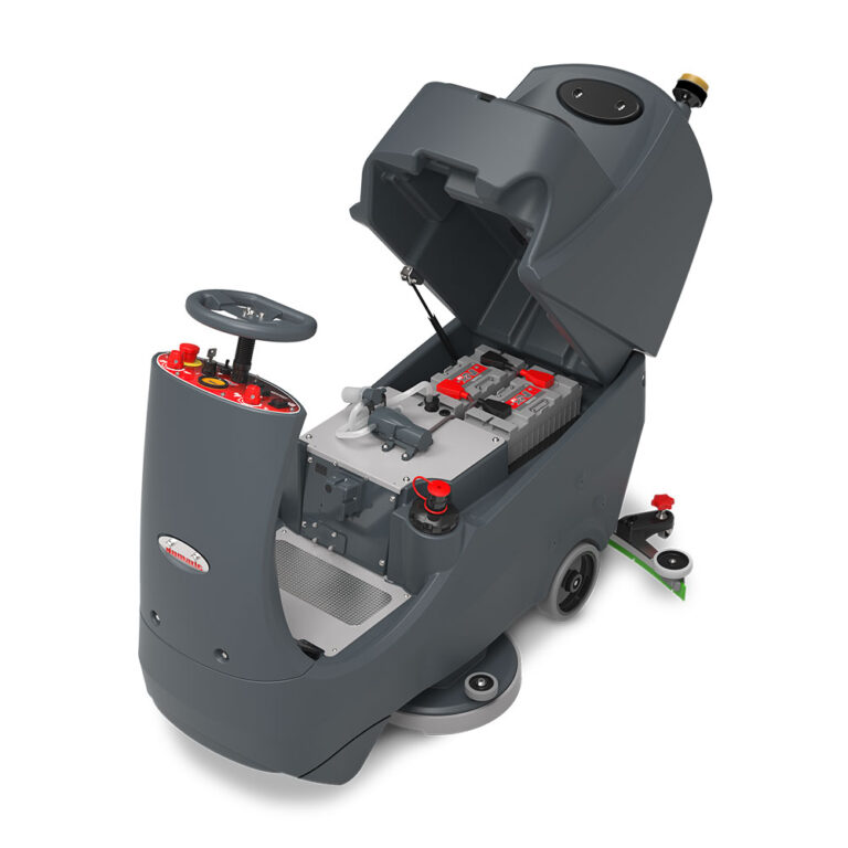 Numatic CRL8072/100T konstrukcja i akumulatory Maszyna do mycia podłóg Numatic CRL8072/100T z otwartą pokrywą i widocznymi akumulatorami